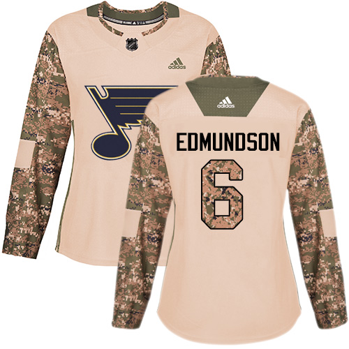 Women's Adidas St. Louis Blues #6 Joel Edmundson Authentic Camo Veterans Day Practice NHL Jersey