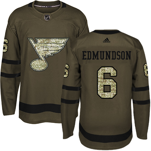Men's Adidas St. Louis Blues #6 Joel Edmundson Authentic Green Salute to Service NHL Jersey