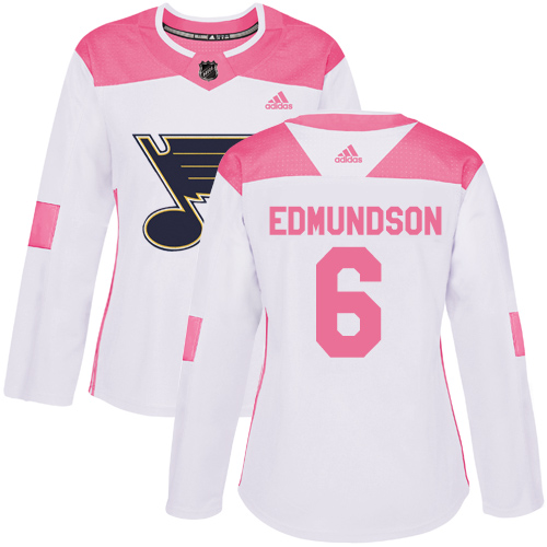 Women's Adidas St. Louis Blues #6 Joel Edmundson Authentic White/Pink Fashion NHL Jersey