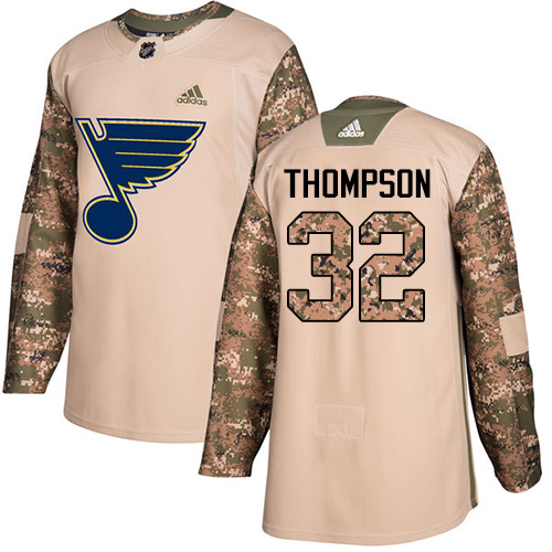 Men's Adidas St. Louis Blues #32 Tage Thompson Authentic Camo Veterans Day Practice NHL Jersey
