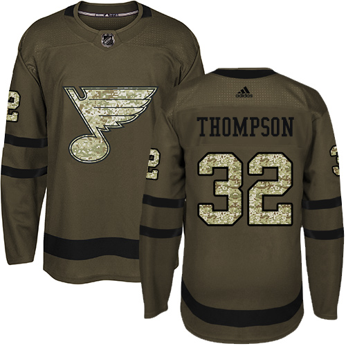 Men's Adidas St. Louis Blues #32 Tage Thompson Authentic Green Salute to Service NHL Jersey