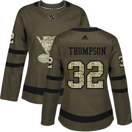 Women's Adidas St. Louis Blues #32 Tage Thompson Authentic Green Salute to Service NHL Jersey