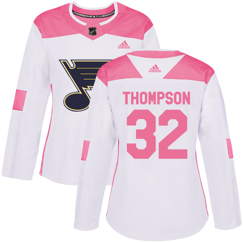 Women's Adidas St. Louis Blues #32 Tage Thompson Authentic White/Pink Fashion NHL Jersey
