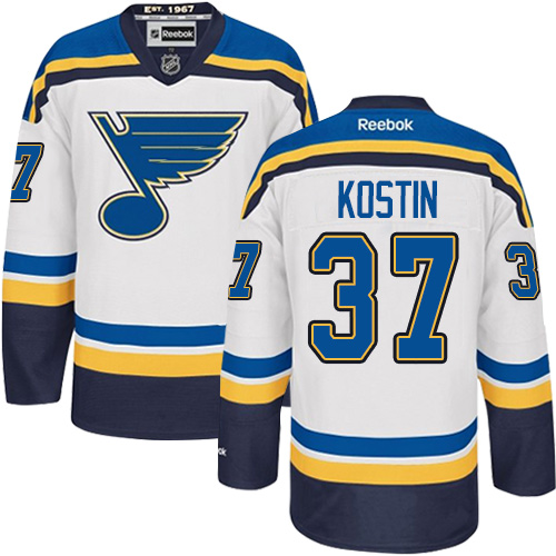 Men's Reebok St. Louis Blues #37 Klim Kostin Authentic White Away NHL Jersey