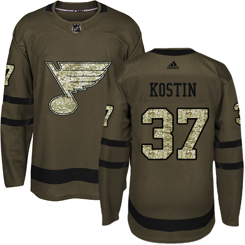 Men's Adidas St. Louis Blues #37 Klim Kostin Premier Green Salute to Service NHL Jersey