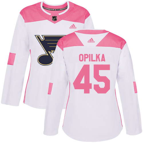 Women's Adidas St. Louis Blues #45 Luke Opilka Authentic White/Pink Fashion NHL Jersey