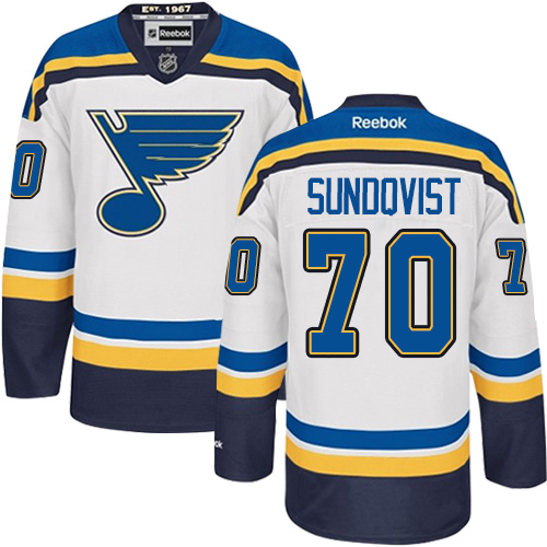 Men's Reebok St. Louis Blues #70 Oskar Sundqvist Authentic White Away NHL Jersey
