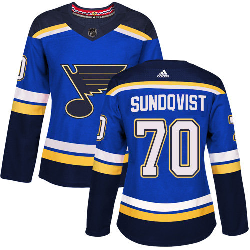 Women's Adidas St. Louis Blues #70 Oskar Sundqvist Authentic Royal Blue Home NHL Jersey