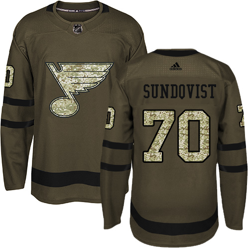 Men's Adidas St. Louis Blues #70 Oskar Sundqvist Authentic Green Salute to Service NHL Jersey