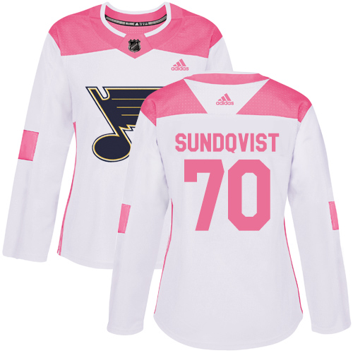 Women's Adidas St. Louis Blues #70 Oskar Sundqvist Authentic White/Pink Fashion NHL Jersey
