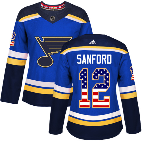Women's Adidas St. Louis Blues #12 Zach Sanford Authentic Blue USA Flag Fashion NHL Jersey