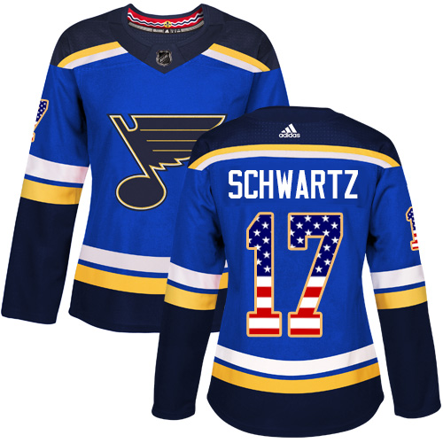 Women's Adidas St. Louis Blues #17 Jaden Schwartz Authentic Blue USA Flag Fashion NHL Jersey