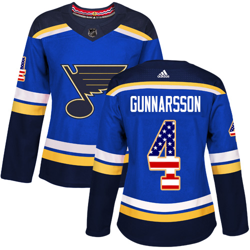Women's Adidas St. Louis Blues #4 Carl Gunnarsson Authentic Blue USA Flag Fashion NHL Jersey