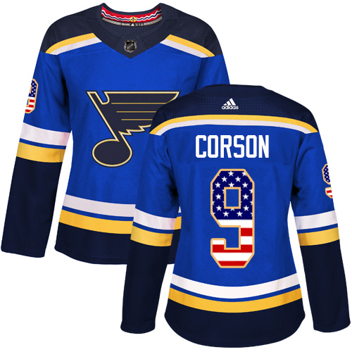 Women's Adidas St. Louis Blues #9 Shayne Corson Authentic Blue USA Flag Fashion NHL Jersey