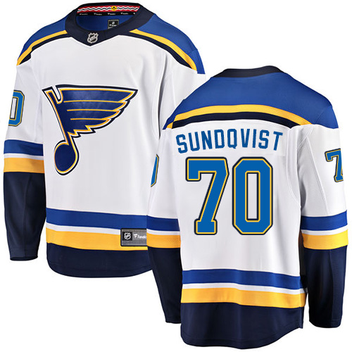 Men's St. Louis Blues #70 Oskar Sundqvist Fanatics Branded White Away Breakaway NHL Jersey