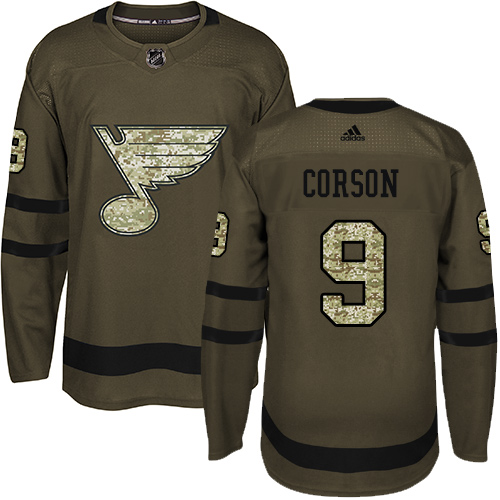 Men's Adidas St. Louis Blues #9 Shayne Corson Authentic Green Salute to Service NHL Jersey