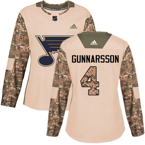 Women's Adidas St. Louis Blues #4 Carl Gunnarsson Authentic Camo Veterans Day Practice NHL Jersey