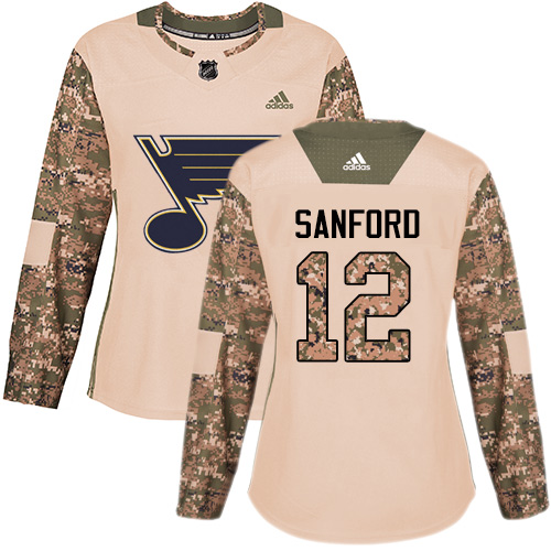 Women's Adidas St. Louis Blues #12 Zach Sanford Authentic Camo Veterans Day Practice NHL Jersey