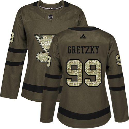 Women's Adidas St. Louis Blues #99 Wayne Gretzky Authentic Green Salute to Service NHL Jersey