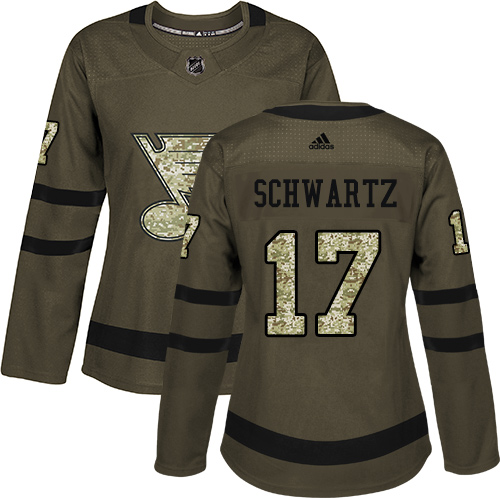 Women's Adidas St. Louis Blues #17 Jaden Schwartz Authentic Green Salute to Service NHL Jersey