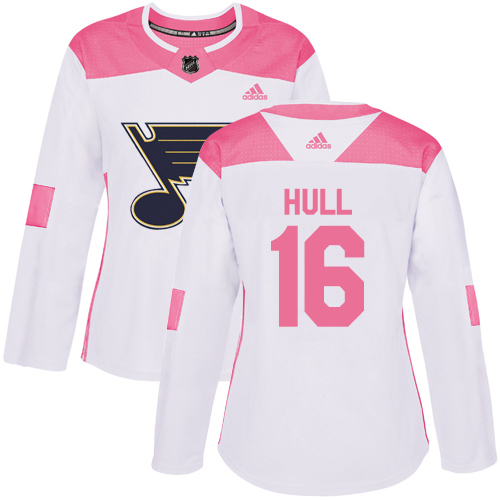 Women's Adidas St. Louis Blues #16 Brett Hull Authentic White/Pink Fashion NHL Jersey