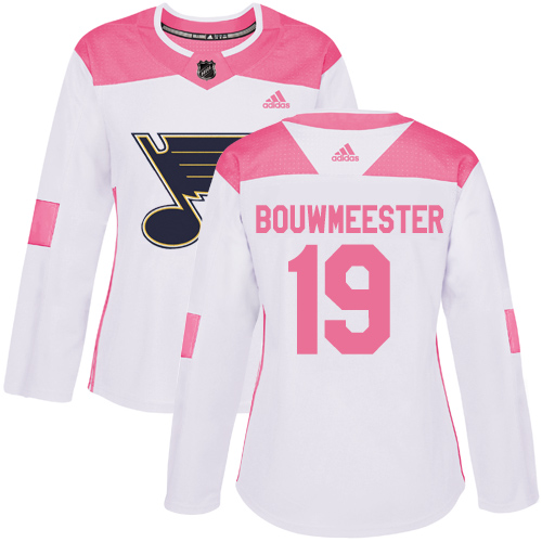 Women's Adidas St. Louis Blues #19 Jay Bouwmeester Authentic White/Pink Fashion NHL Jersey