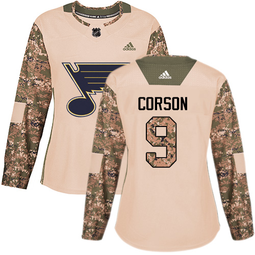 Women's Adidas St. Louis Blues #9 Shayne Corson Authentic Camo Veterans Day Practice NHL Jersey