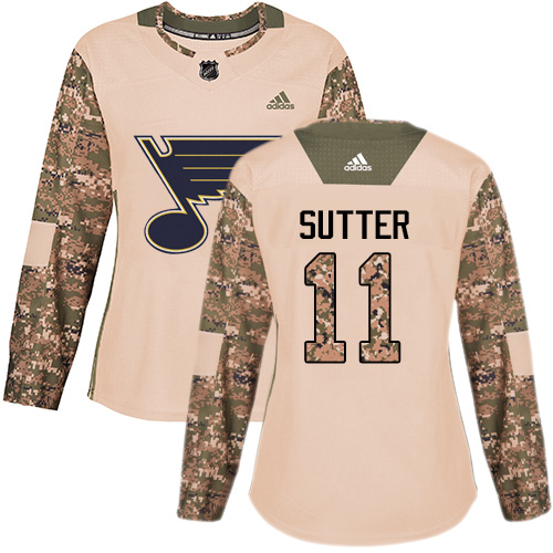 Women's Adidas St. Louis Blues #11 Brian Sutter Authentic Camo Veterans Day Practice NHL Jersey