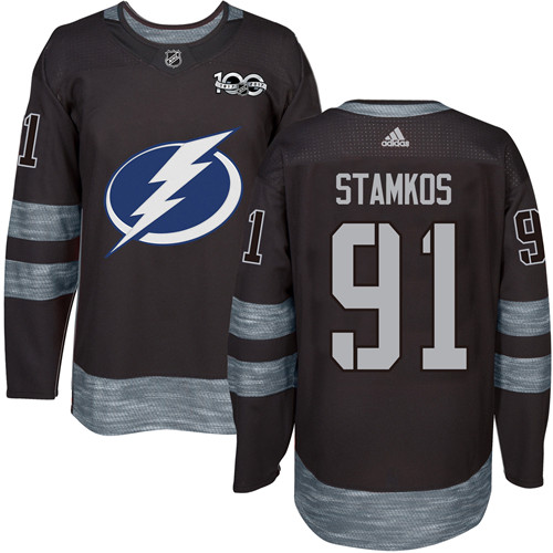 Men's Adidas Tampa Bay Lightning #91 Steven Stamkos Authentic Black 1917-2017 100th Anniversary NHL Jersey