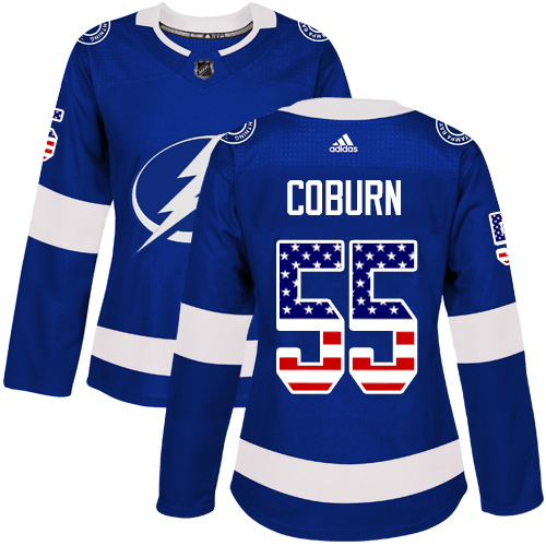 Women's Adidas Tampa Bay Lightning #55 Braydon Coburn Authentic Blue USA Flag Fashion NHL Jersey