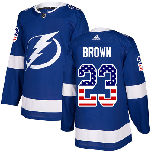 Men's Adidas Tampa Bay Lightning #23 J.T. Brown Authentic Blue USA Flag Fashion NHL Jersey