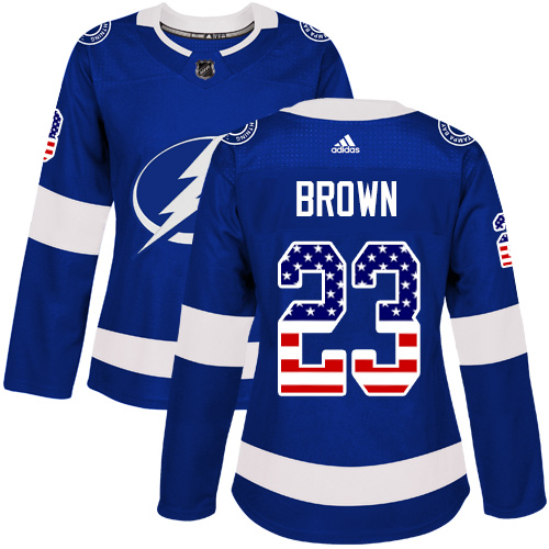 Women's Adidas Tampa Bay Lightning #23 J.T. Brown Authentic Blue USA Flag Fashion NHL Jersey