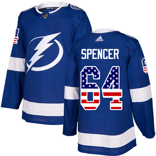 Men's Adidas Tampa Bay Lightning #64 Matthew Spencer Authentic Blue USA Flag Fashion NHL Jersey