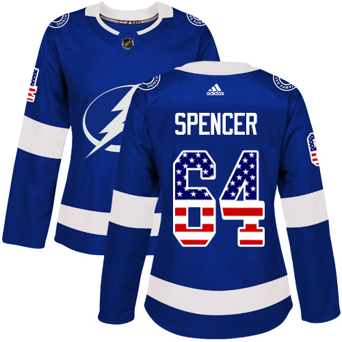 Women's Adidas Tampa Bay Lightning #64 Matthew Spencer Authentic Blue USA Flag Fashion NHL Jersey