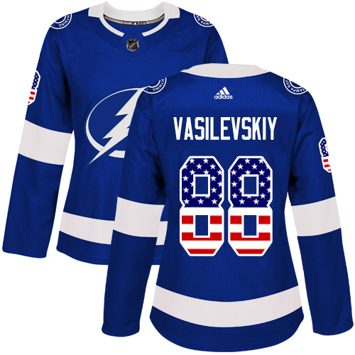 Women's Adidas Tampa Bay Lightning #88 Andrei Vasilevskiy Authentic Blue USA Flag Fashion NHL Jersey