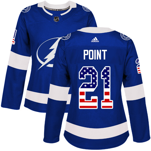 Women's Adidas Tampa Bay Lightning #21 Brayden Point Authentic Blue USA Flag Fashion NHL Jersey