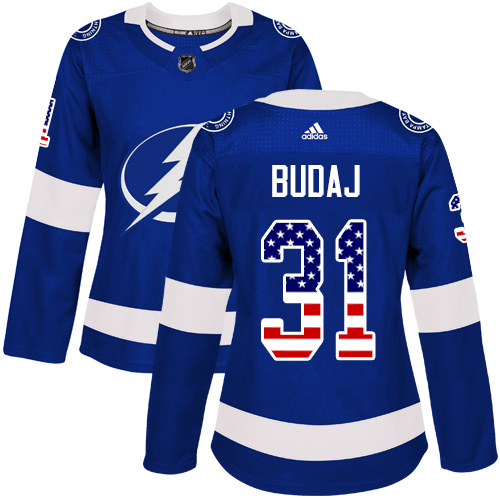 Women's Adidas Tampa Bay Lightning #31 Peter Budaj Authentic Blue USA Flag Fashion NHL Jersey