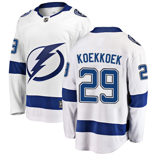 Men's Tampa Bay Lightning #29 Slater Koekkoek Fanatics Branded White Away Breakaway NHL Jersey
