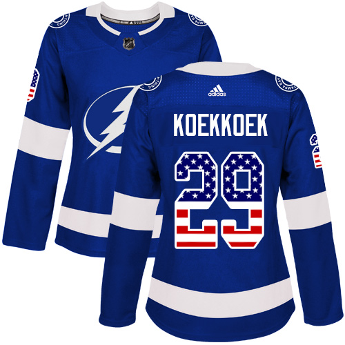 Women's Adidas Tampa Bay Lightning #29 Slater Koekkoek Authentic Blue USA Flag Fashion NHL Jersey
