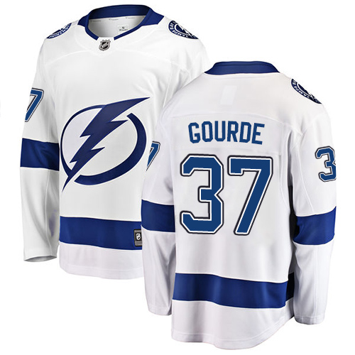 Men's Tampa Bay Lightning #37 Yanni Gourde Fanatics Branded White Away Breakaway NHL Jersey