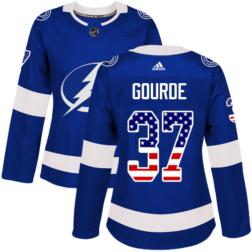 Women's Adidas Tampa Bay Lightning #37 Yanni Gourde Authentic Blue USA Flag Fashion NHL Jersey
