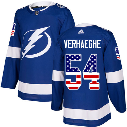 Men's Adidas Tampa Bay Lightning #54 Carter Verhaeghe Authentic Blue USA Flag Fashion NHL Jersey