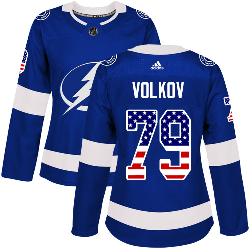 Women's Adidas Tampa Bay Lightning #79 Alexander Volkov Authentic Blue USA Flag Fashion NHL Jersey