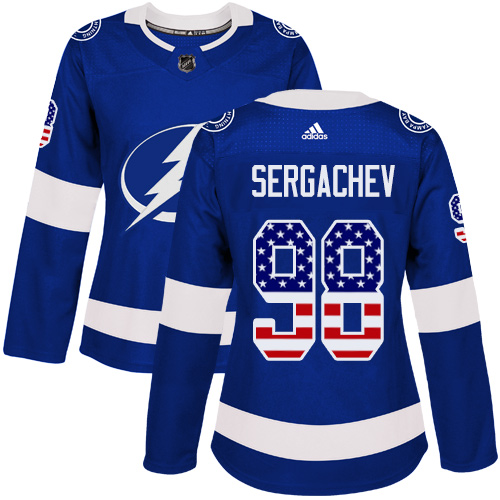Women's Adidas Tampa Bay Lightning #98 Mikhail Sergachev Authentic Blue USA Flag Fashion NHL Jersey