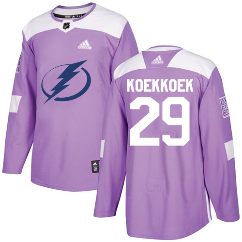 Men's Adidas Tampa Bay Lightning #29 Slater Koekkoek Authentic Purple Fights Cancer Practice NHL Jersey