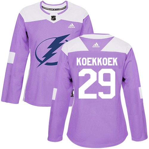 Women's Adidas Tampa Bay Lightning #29 Slater Koekkoek Authentic Purple Fights Cancer Practice NHL Jersey