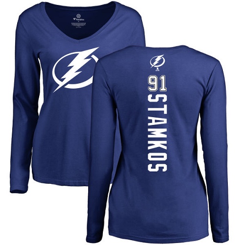 NHL Women's Adidas Tampa Bay Lightning #91 Steven Stamkos Royal Blue Backer V-Neck Long-Sleeve T-Shirt