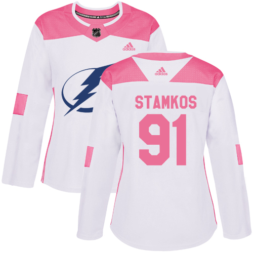 Women's Adidas Tampa Bay Lightning #91 Steven Stamkos Authentic White/Pink Fashion NHL Jersey