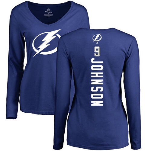 NHL Women's Adidas Tampa Bay Lightning #9 Tyler Johnson Royal Blue Backer V-Neck Long-Sleeve T-Shirt