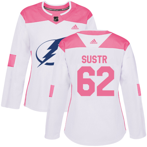 Women's Adidas Tampa Bay Lightning #62 Andrej Sustr Authentic White/Pink Fashion NHL Jersey